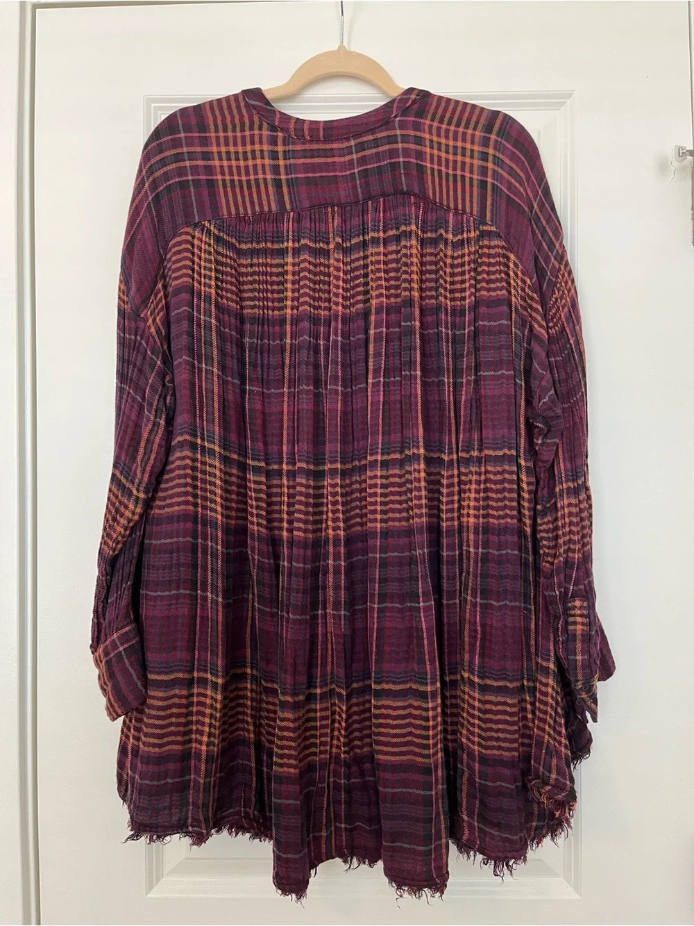 Free People Burgundy Plaid Button-Down Tunic with Mustard Stripes